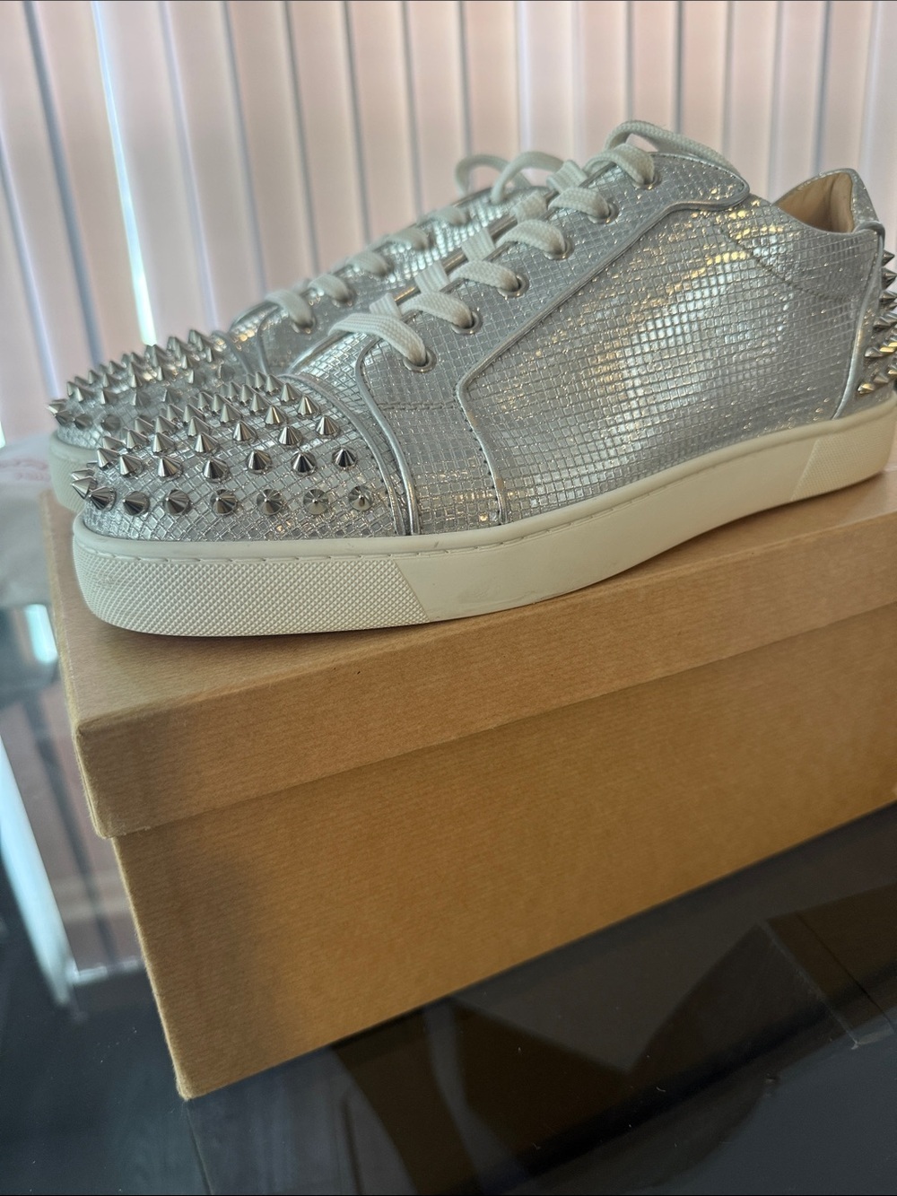 Christian Louboutin Silver Crystal Spike Low-Top Sneakers - Picture 3 of 8